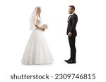 Full length profile shot of a bride looking at a groom isolated on white background