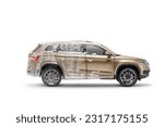 SUV covered in a car wash detergent isolated on white background