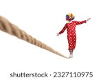 Small photo of Full length portrait of a clown in red costume walking on a tightrope isolated on white background