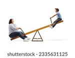 Small photo of Woman and a child playing on a seesaw isolated on white background