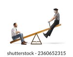 Small photo of Businessman and mime playing on a seesaw isolated on white background