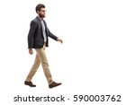 Full length profile shot of a young bearded man walking isolated on white background