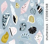 Ocean seashells seamless pattern. Cartoon sea objects, hand drawn