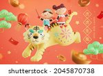 3d cute Asian kids riding on a tiger with other Chinese new year objects flying around. Concept of oriental zodiac sign. Translation: Enjoy a powerful life like a strong tiger