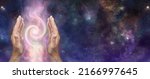 Small photo of Cosmic Energy Healer channeling Vortex Message Banner - male parallel hands with a double fibonacci spiral between against dark blue night sky deep space background with space for text
