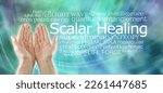 Small photo of Scalar Zero Point Healing Energy Word Cloud - female open palm hands beside a SCALAR HEALING word cloud against a multicoloured and whooshing green blue energy background
