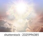 Small photo of Glorious Divine Intelligence Vortexing Starlight Sky - a massive high altitude spiraling star sun burst above golden yellow moody cloudscape with copy space for healing spiritual messages