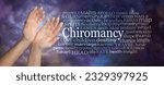 Small photo of Aspects of Chiromancy Word Tag Cloud - female open cupped hands beside a PALMISTRY word cloud against a celestial deep space night sky background
