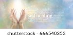 Small photo of Heal Thyself - female hands reaching up into soft white light beam with a SELF HEALING word cloud to the right on a pale blue and gold ethereal background