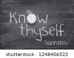Small photo of Know thyself - quote of ancient Greek philosopher Socrates written on chalkboard with vintage stopwatch instead of O