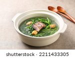 Sayur Bening Bayam, Spinach Clear Vegetable. Indonesian food of spinach, spinach soup with Chinese Bacon