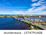 Aerial view Daytona Beach and split bridges crossing the Halifax River