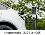 Small photo of EV electric vehicle recharging battery from EV charging station in national park or outdoor forest scenic. Natural protection with eco friendly EV car travel in the summer woods. Exalt