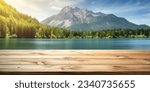 Small photo of The empty wooden table top with blur background of summer lakes mountain. Exuberant image.