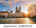 Old Town square with Tyn Church in Prague, Czech Republic at sunset