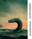 Illustration of the Midgard serpent also known as the Jörmungandr or world serpent from norse mythology. It is said that in the final battle the midgard serpent will fight the thunder god Thor.