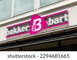 Small photo of Coevorden in the Netherlands, 23 April 2023. Bakker Bart sign logo above the shop entrance. Bakker Bart is the largest sandwiches lunch delivery company in the Netherlands