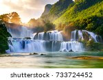 Ban Gioc waterfall in Cao Bang, Viet Nam - The waterfalls are located in an area of mature karst formations were the original limestone bedrock layers are being eroded