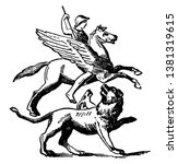 Bellerophon riding Pegasus and fighting with Chimera, vintage line drawing or engraving illustration.