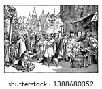 A bustling street fair in France during the 13th century. Numerous people crowd the streets, selling and buying various wares. In the foreground, a crippled man on a cart begs passer-by, vintage