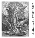 Small photo of The archangel Michael in armor tramples on Satan, in his half-human form and as a snake, and points to a halo of light with the spell