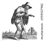 Small photo of A beggar, flap in hand, leaning on a walking stick, walks past a village and a barn. The print is part of a series of twenty-six prints with beggars and vagrants.