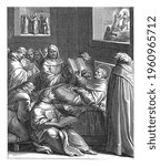 Small photo of Thomas Aquinas is on his deathbed reading a book, holding a crucifix in his hands. He is surrounded by monks.