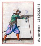 Small photo of A soldier, full-length, to the right, aiming a musket (a particular type of firearm) at a target with both hands, leaning the barrel on a furket (musket fork), and firing it