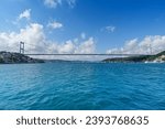 Bosphorus Tour Activity boat transportation route, Bosporus Strait, Border between Europe and Asia connecting with Fatih Sultan Mehmet Bridge landmark and geography in Istanbul Turkey, Turkiye