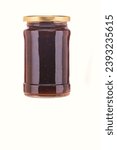 Small photo of front view of small figs jam jar without labels and shiny metallic lid covers isolated on white background. figs jam fruit bottled jam over white background.