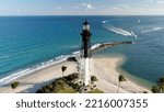 Drone photo of Hillsboro Lighthouse in Pompano Beach, Florida built in 1907. 