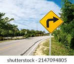 Traffic road sign turn right on empty highway without cars in Dominican Republic, nobody