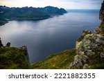 view from the top of hesten mountain on the senja island panorama, norway