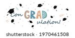 Congratulations on graduation banner, graduate cap with congradulation lettering in Scandinavian style. Greeting card for graduation party.