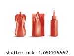 Blank red ketchup sauce bottle mock up set, different types, 3d rendering. Empty ketsup container with spout mockup, isolated, front view. Clear chilli sause for hot dog or fries mokcup template.