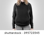 Blank black sweatshirt mock up isolated. Female wear dark hoodie mockup. Plain hoody design presentation. Clear gray loose overall model. Pullover for print. Man clothes grey sweat shirt template.
