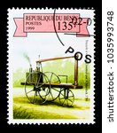 Small photo of MOSCOW, RUSSIA - NOVEMBER 26, 2017: A stamp printed in Benin shows A. Murdock's Steam Tricycle, 1786, Steam-powered Vehicles serie, circa 1999