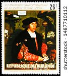 Small photo of MOSCOW, RUSSIA - AUGUST 6, 2019: Postage stamp printed in Burundi shows Holbein "Portrait du Marchand G. Gisze", International week of the written letter serie, circa 1974