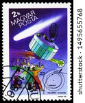 Small photo of MOSCOW, RUSSIA - AUGUST 19, 2019: Postage stamp printed in Hungary shows Japanese Suisei and German engraving, Halley's Comet serie, circa 1986
