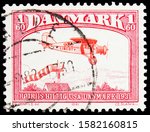 Small photo of MOSCOW, RUSSIA - OCTOBER 1, 2019: Postage stamp printed in Denmark shows Hojriis Hillig's Bellanca Special "Liberty", 1.60 dkr. - Danish krone, Aviation - History serie, circa 1981