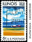 Small photo of MOSCOW, RUSSIA - NOVEMBER 4, 2019: Postage stamp printed in United States shows 150 Years Illinois Statehood, Farm Buildings and Fields of Ruin, Statehood Illinois serie, circa 1968