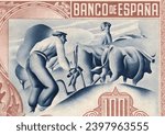 Small photo of Malaga December 7, 2023, Andalusia, Spain: Image of part of the reverse of a 100 peseta bill from Spain 1937, Peasant with a plow pulled by two oxen and peasant woman with a pitcher