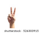 A Hand showing victory sign on white background