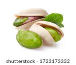 Pistachio with leaves in closeup