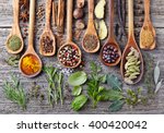 Herbs and spices on a wooden board