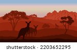 Australian landscape. Kangaroo silhouettes. Savannah scenery of Australia. Panoramic wildlife scene. Wilderness summer dusk. Vector illustration