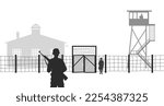 POW camp black silhouette. German war prison background. WW2 military isolated landscape. Germanic soldiers portraits. Watchtower and guards scene. Vector illustration