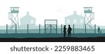POW camp black silhouette. German war prison background. WW2 military landscape.1940s germanic soldiers. Historical scene. Watchtower and guards. Vector illustration