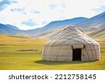 Small photo of Yurt. National old house of the peoples of Kyrgyzstan and Asian countries. national housing. Yurts on the background of green meadows and highlands. Yurt camp for tourists.