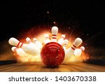 Bowling strike hit with fire explosion. Concept of success and win.